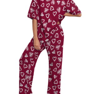MINTREUS Valentine's Day Lounge Sets for Women Knit Short Sleeve Tops and Long Pants Soft Comfy Pajamas Set Oversized 2 Piece Outfits S-2X
