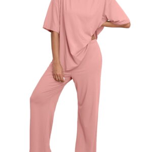 MINTREUS Valentine's Day Lounge Sets for Women Knit Short Sleeve Tops and Long Pants Soft Comfy Pajamas Set Oversized 2 Piece Outfits S-4X