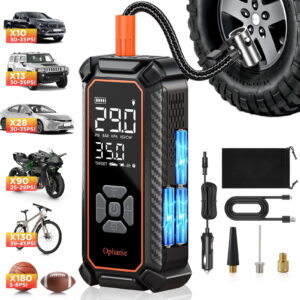 Ophanie Tire Inflator Portable Air Compressor, 9000mAh, 150PSI, Auto Air Pump for Car Tires, Motorcycle, Bicycle, Electric Pump with LED Light，Digital Pressure Gauge & Auto...